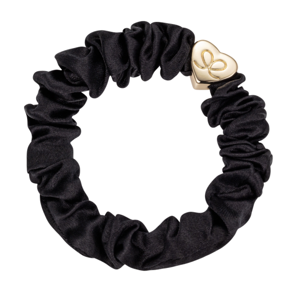 Gold Heart Silk Scrunchie Black