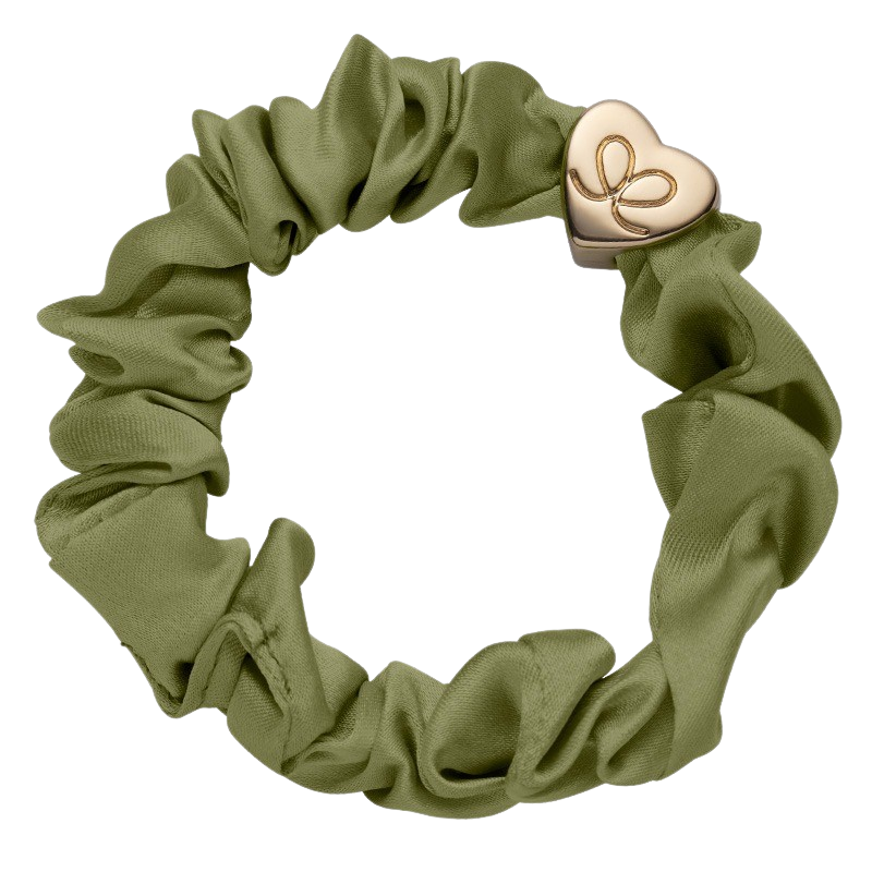 Gold Heart Silk Scrunchies - Olive Green