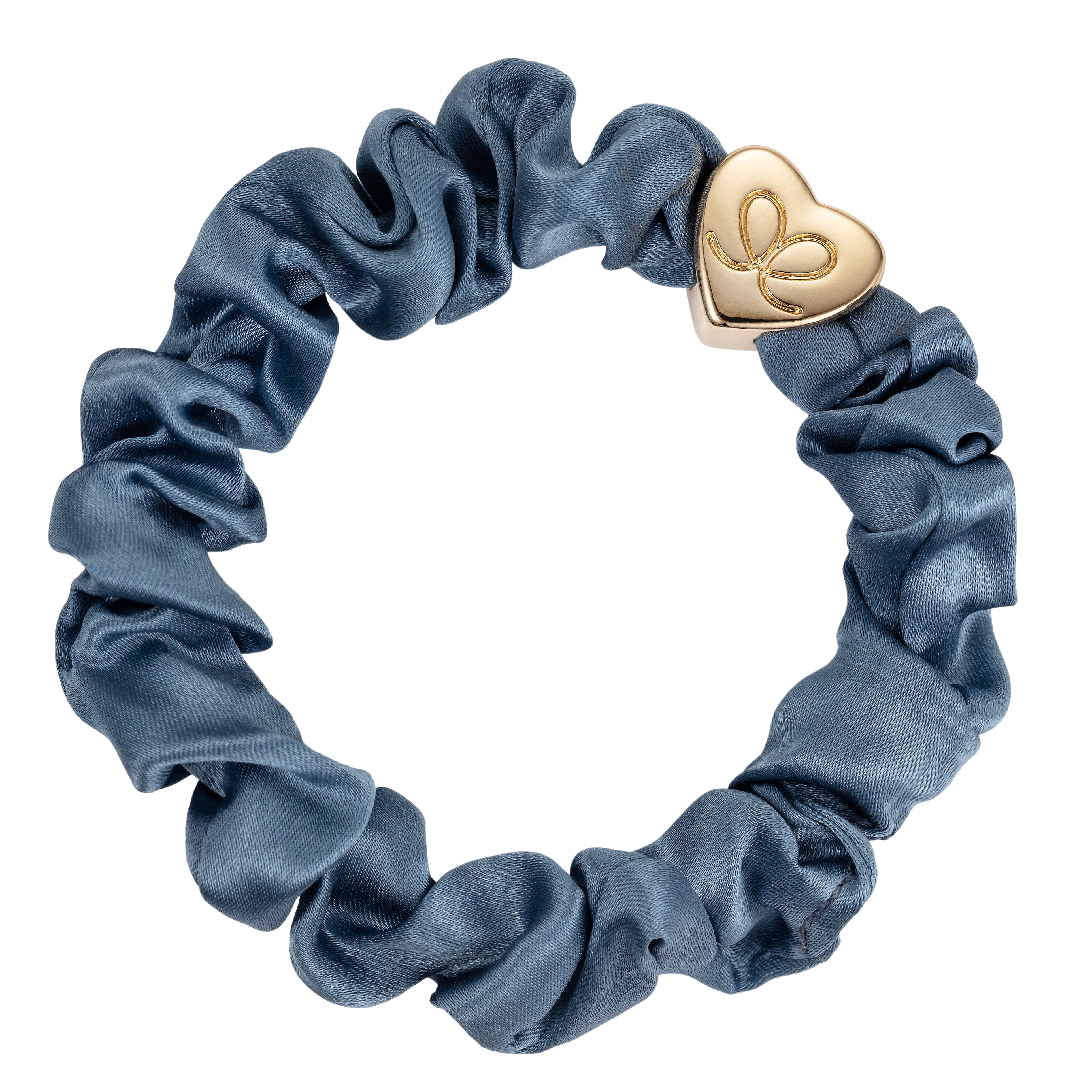 Gold Heart Silk Scrunchie - Faded Denim